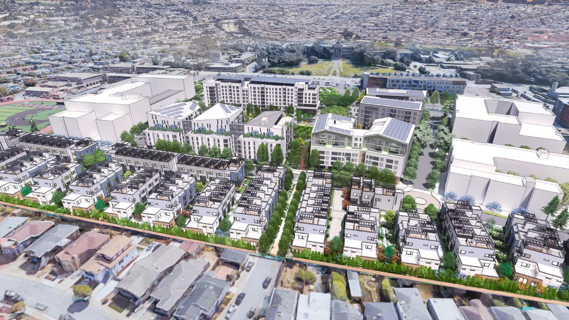 Balboa-Reservoir-masterplan-aerial-view-with-townhomes-in-the-foreground-rendering-by-Dahlin